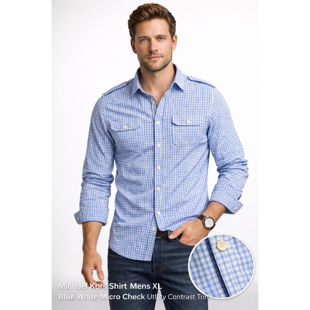 Michael Kors Shirt Mens XL Blue White Micro Check Utility Contrast Trim Cotton